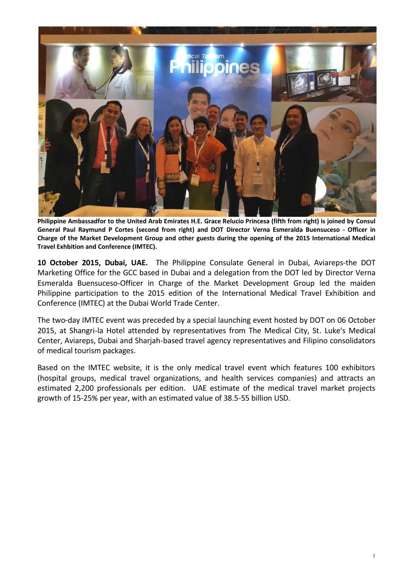 PHILIPPINE MEDICAL TOURISM AGENDA TAKE CENTER STAGE IN 2015 DUBAI IMTEC0000