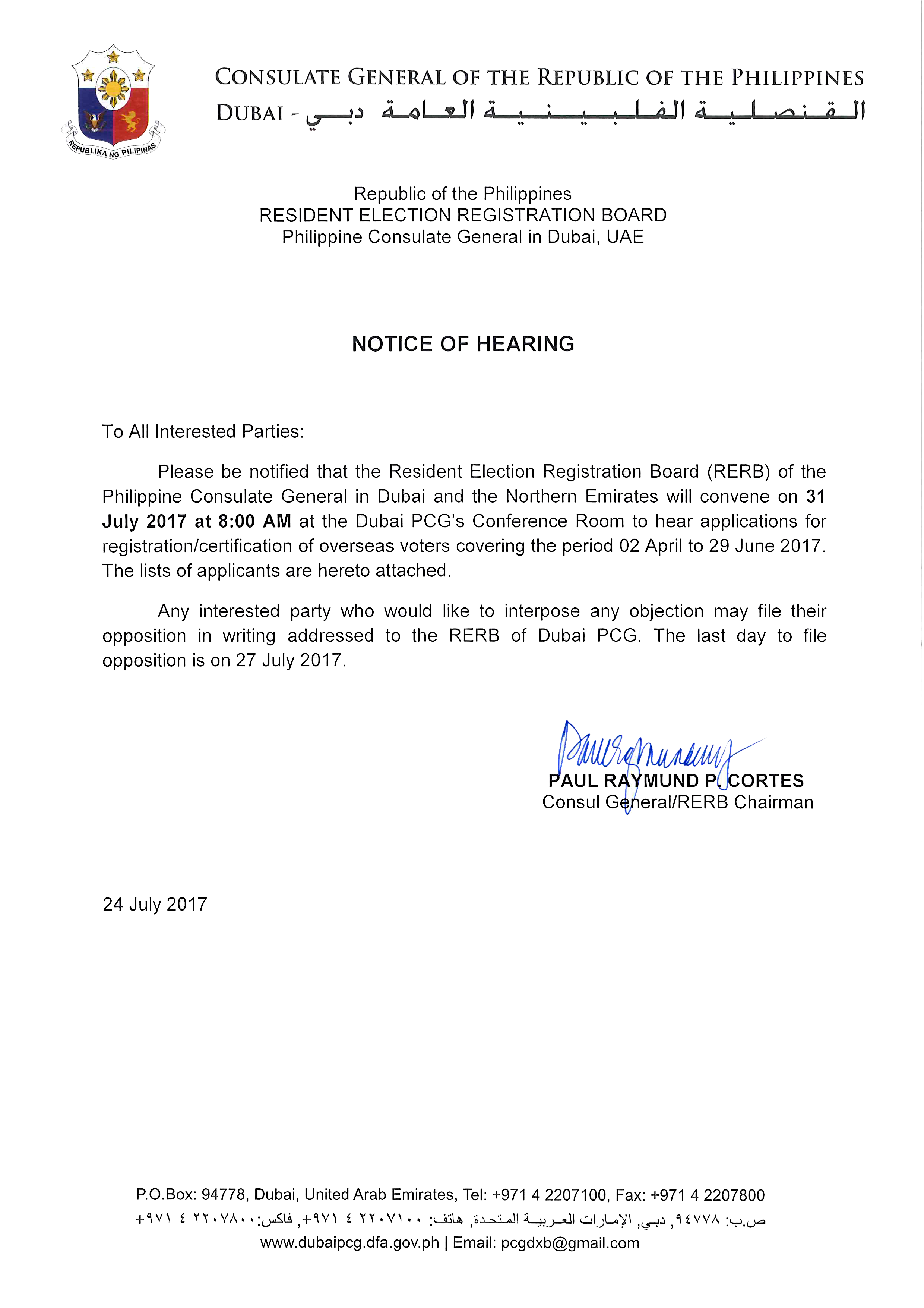 Notice of Hearing