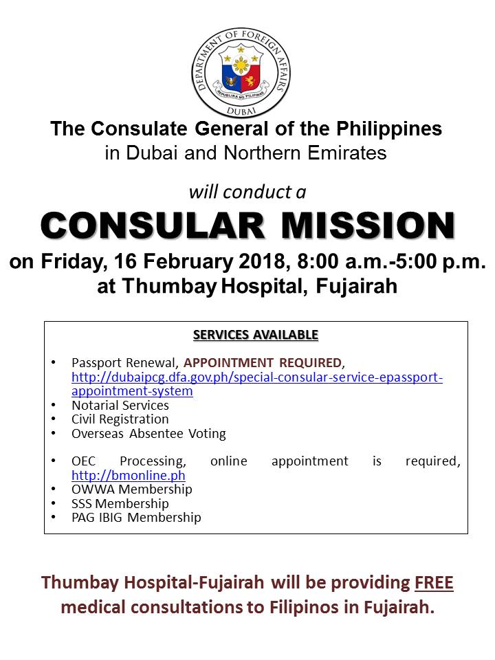 ANNOUNCEMENT Consular and Medical Mission Fujairah 16 Feb 2018