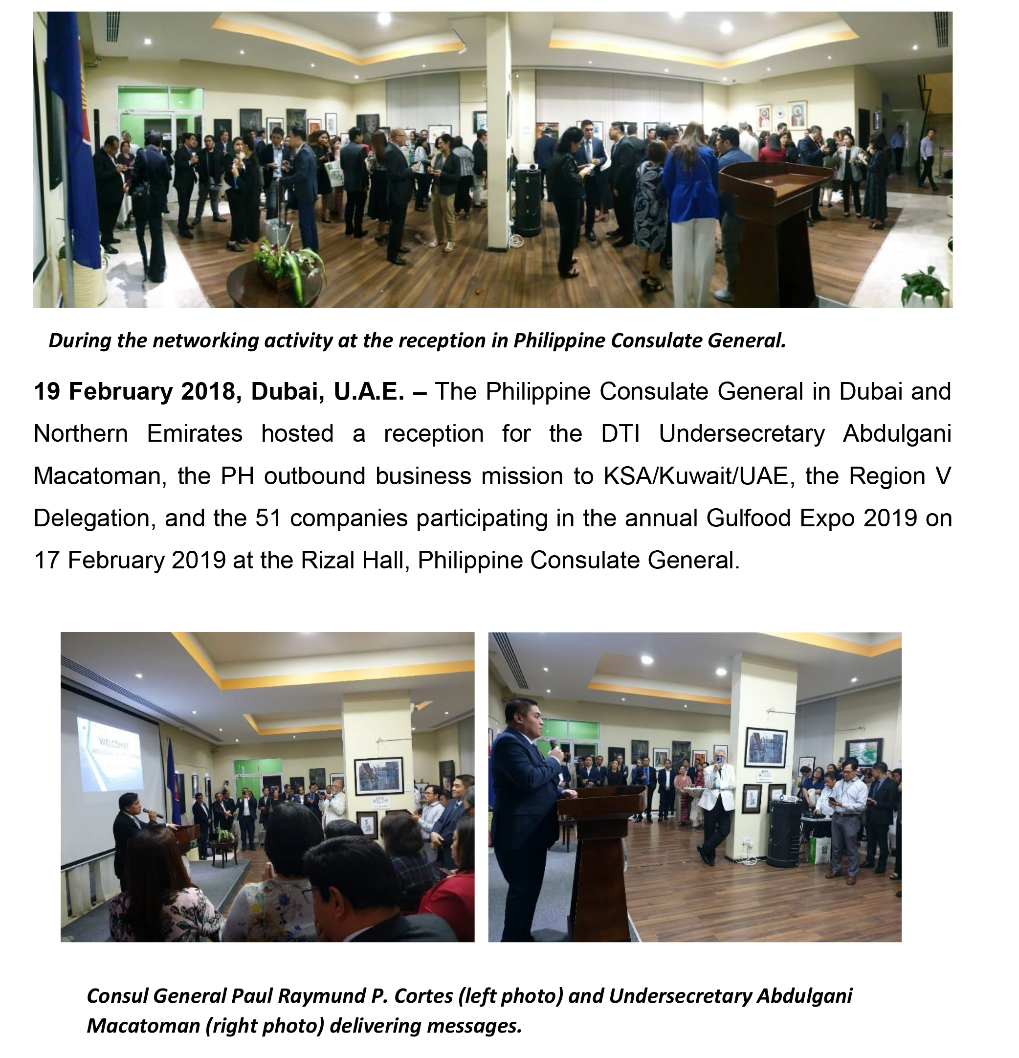 DUBAI PCG HOSTS RECEPTION FOR THE GULFOOD EXHIBIT 2019 DELEGATES