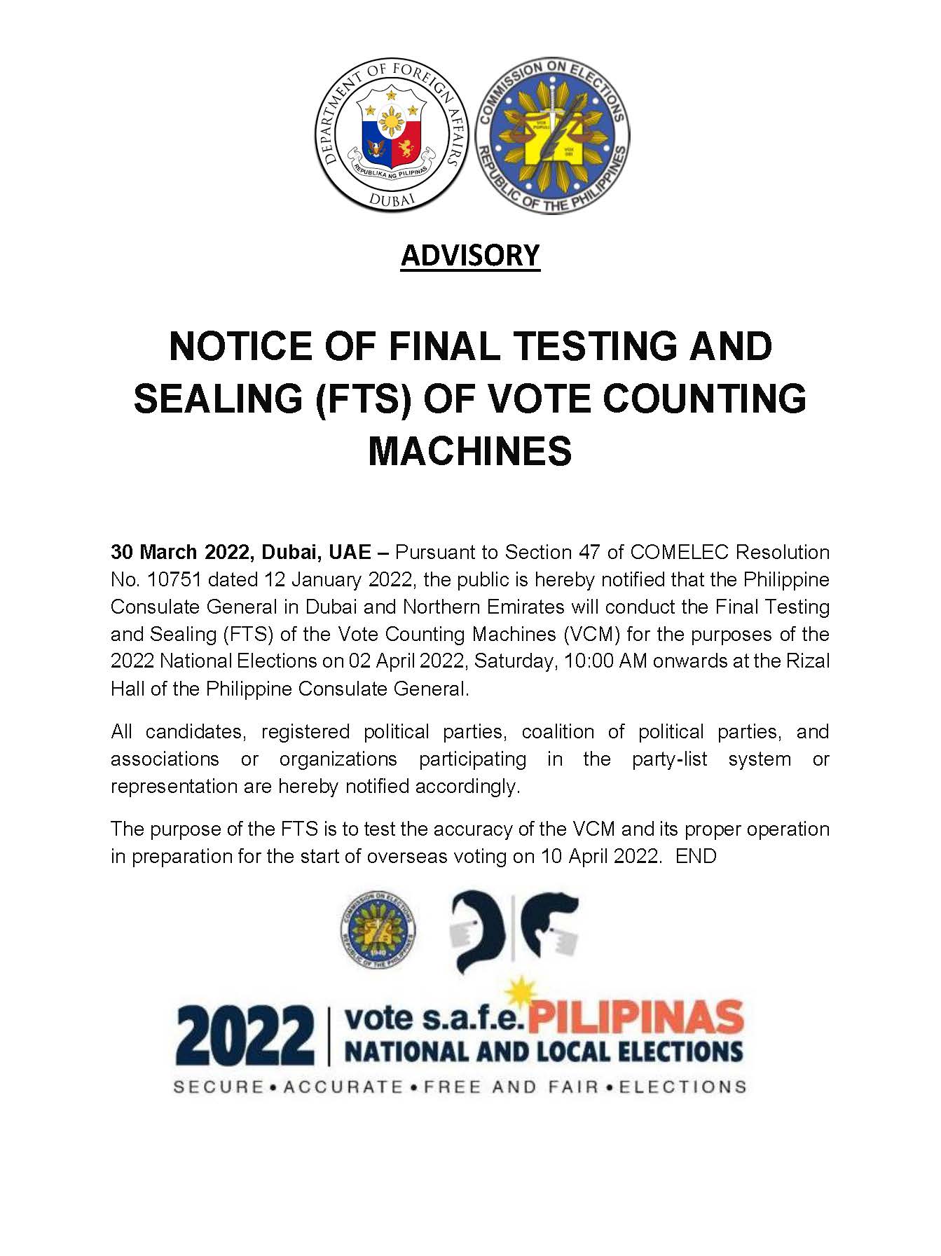 PRESS ADVISORY FTS